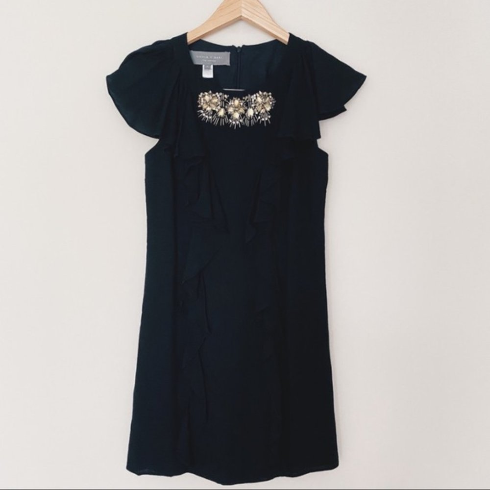 SACHIN + BABI Black Bejeweled Ruffle Mini Flutter Dress